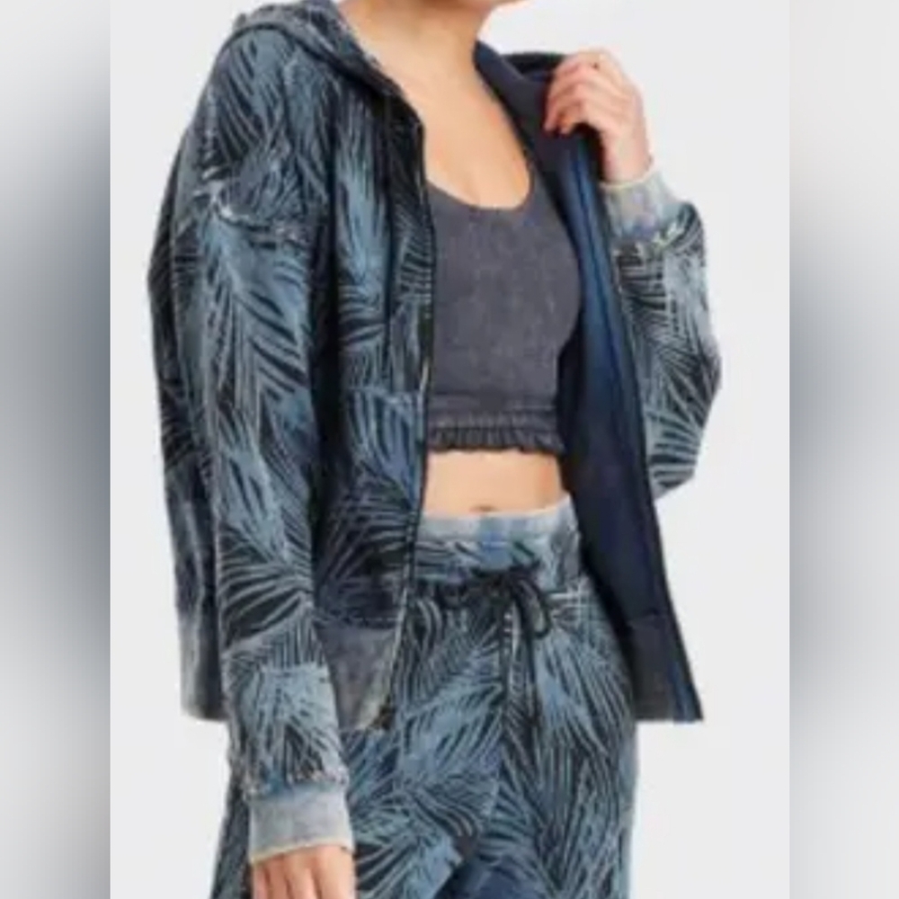 JoyLab Womens Blue Tropical Leaf Zip Front French Terry Hoodie W/pockets XL
